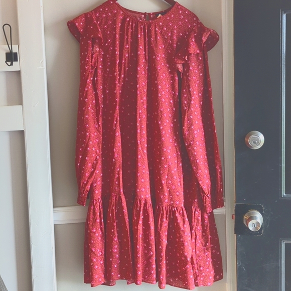 Ann Taylor Floral Ruffle Trim Shift Dress In RED Wild Hibiscus/ XLTALL Fall Mini - Picture 2 of 8